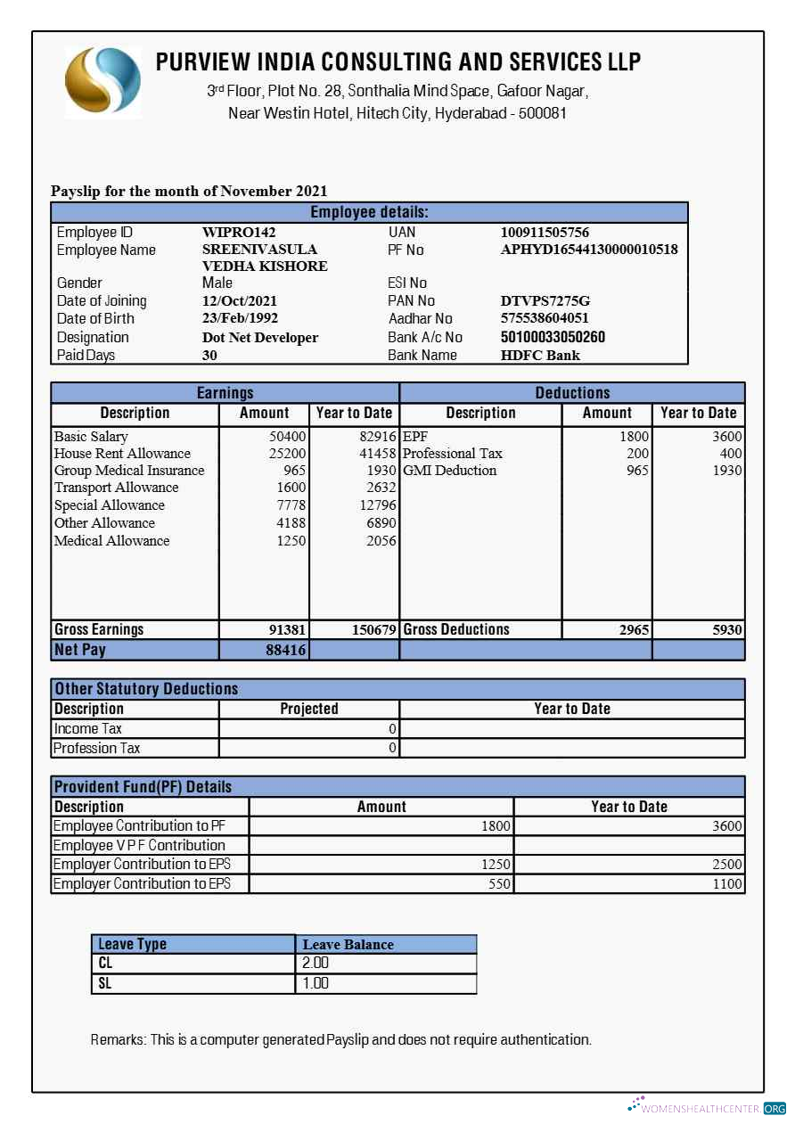 Download Purview India Consulting and Services payslip template in Word and PDF formats.pdf, 1 Photoshop template